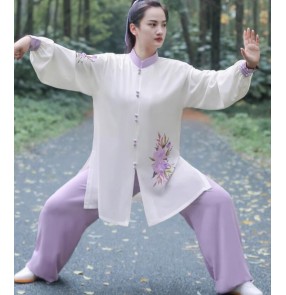 White with purple tai chi clothing chinese kung fu uniforms for women female wu shu martial art competition stage perfofmrnace clothes morning exercises for lady